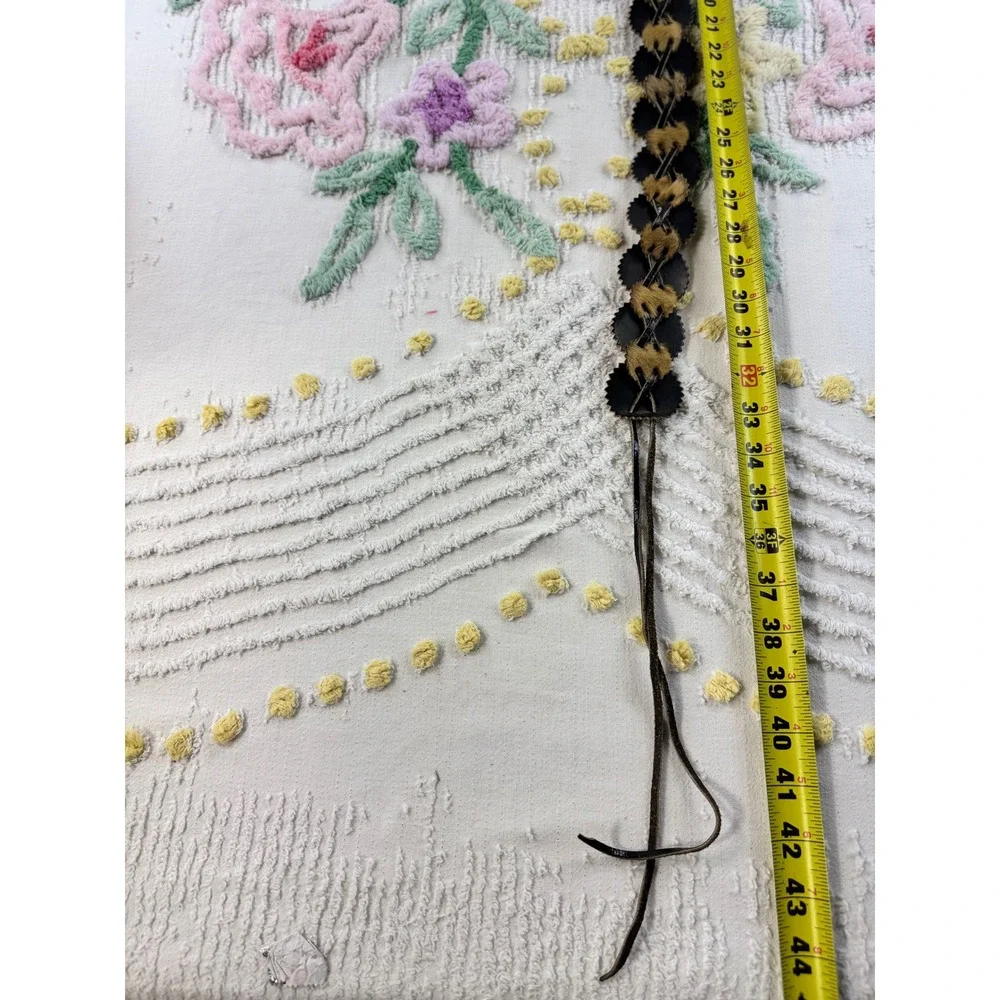 Vintage Leopard Print Calf Hair Leather Scalloped Concho Tie Belt Black Brown
